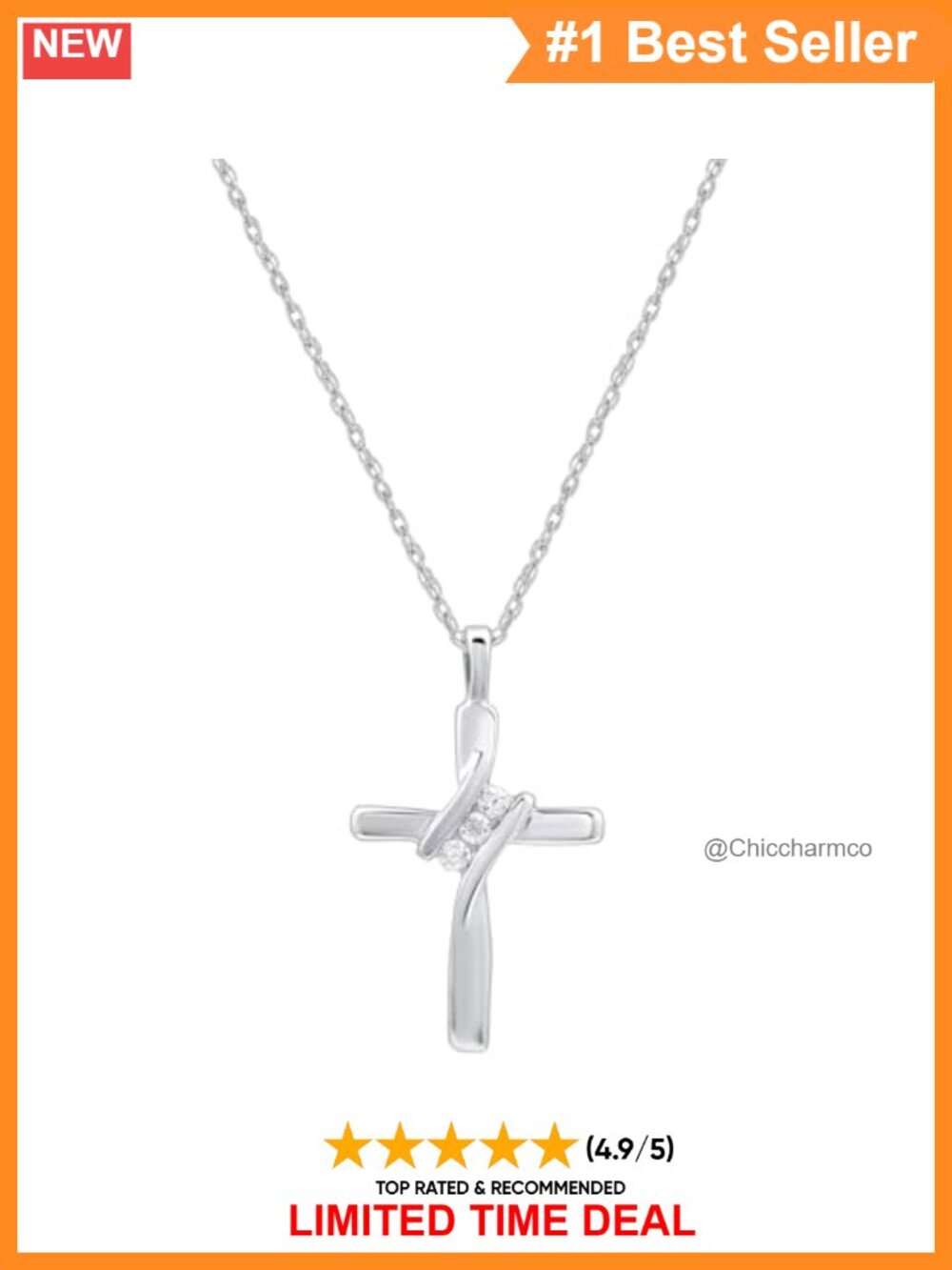 14KT Yellow Gold Plated Sterling Silver Natural Diamond 3 Stone Cross Pendant